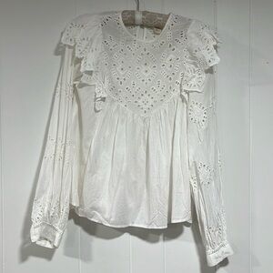 HM blouse women White Eyelet Lace Women's Top puffy long sleeves ruffles Sz 2